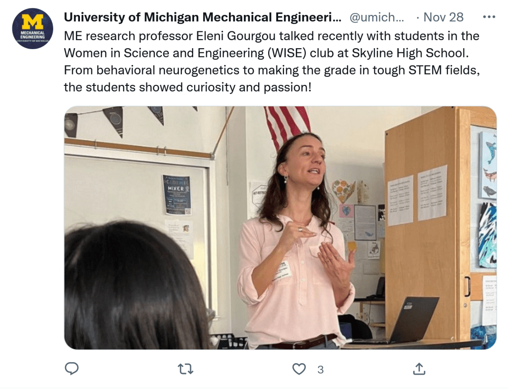 twitter post about Dr. Eleni Gourgou teaching at a high school
